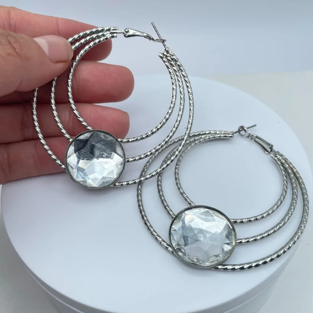 Vintage 80s Silver Tone Triple Hoop Earrings Clear Glass Women's Classic Jewelry